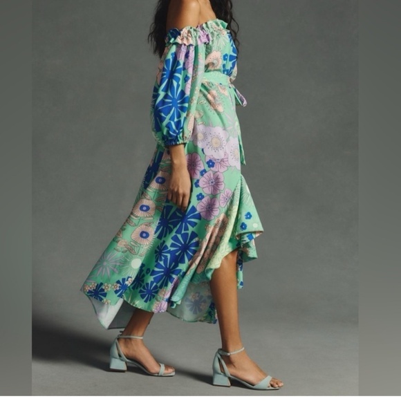 Anthropologie Off the Shoulder Printed Floral Green Motif Dress - Picture 2 of 4